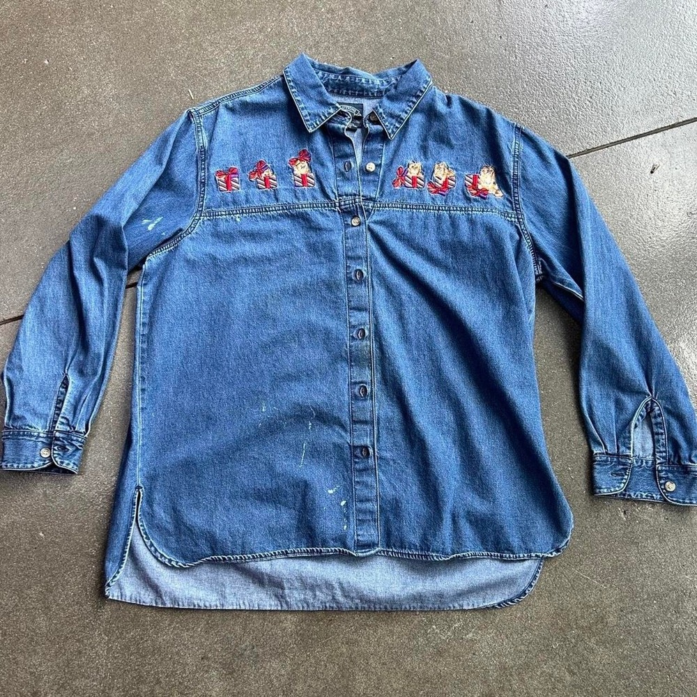 Vintage Solutions Original Christmas Size Large Cat Denim Button Up Long Sleeve